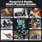 Teal bench grinder with illustrated accessories for grinding, polishing, and sharpening