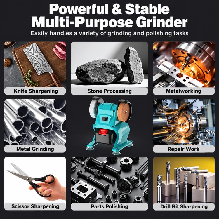Teal bench grinder with illustrated accessories for grinding, polishing, and sharpening