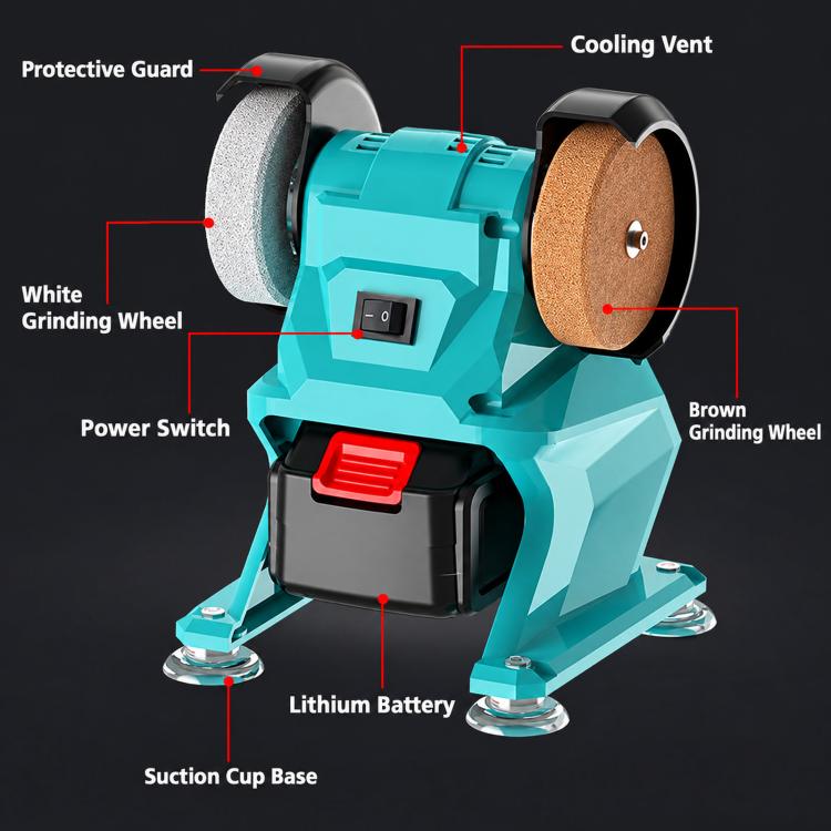 Teal bench grinder diagram with suction cup base, cooling vent, and power switch