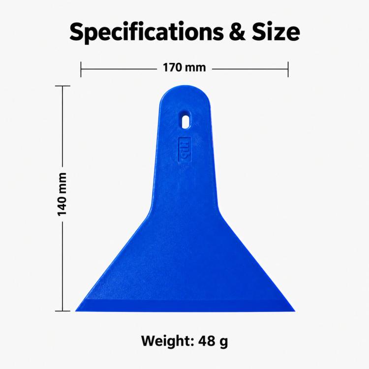 Blue car window tint squeegee with pointed scraping blade and hanging hole
