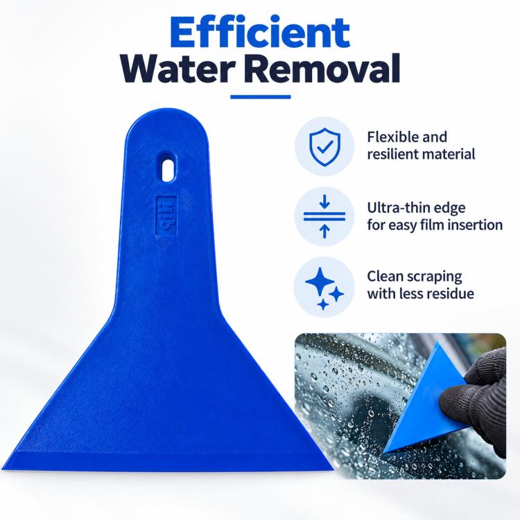 Blue window tint squeegee tool with triangular blade and hanging hole