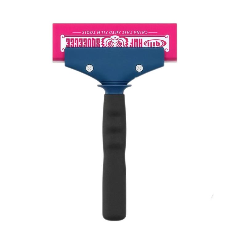 Car window tint squeegee tool with pink and blue blade and black grip handle