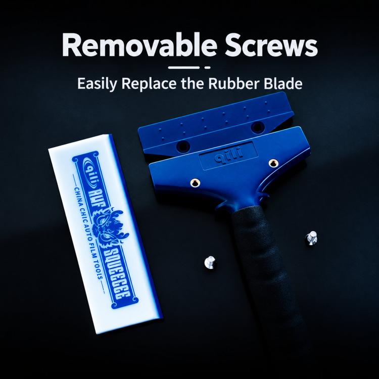 Window tint squeegee blade with removable screws and spare rubber strip