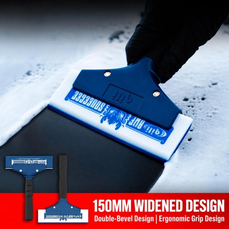 Gloved hand holding 150mm widened window tint squeegee with blue blade and handle