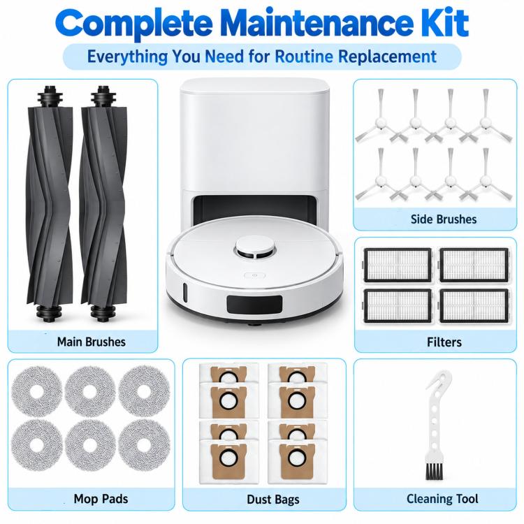 Complete maintenance kit packaging showing main brushes, filters, mop pads, dust bags, side brushes