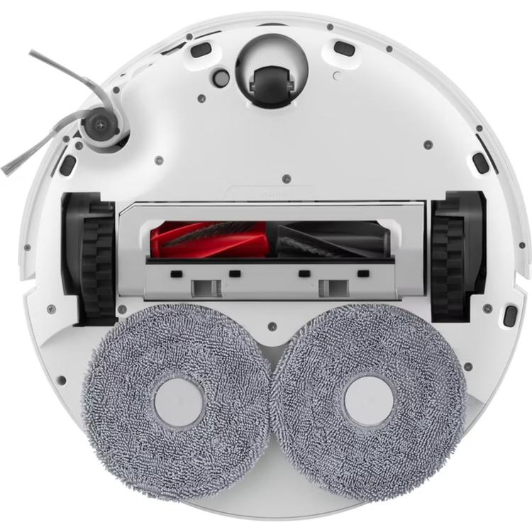Robot vacuum base with two gray mop pads and visible internal brush components