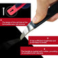 Hand holds red automotive pry bar tool near trim; curved silver tip for removal.