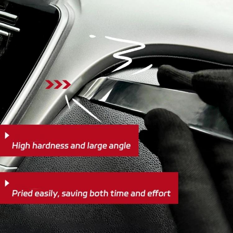 Automotive pry bar inserted between car interior trim and panel for easy prying.