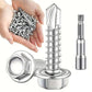 Handful of silver self-tapping screws with hex washer and truss heads