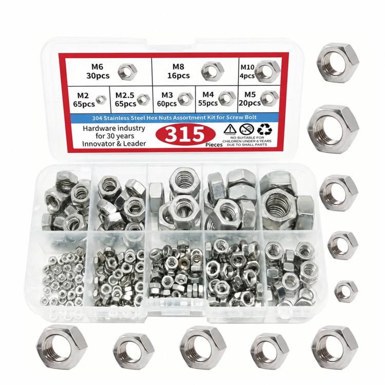 315-piece stainless steel metric hex nut assortment in divided storage tray
