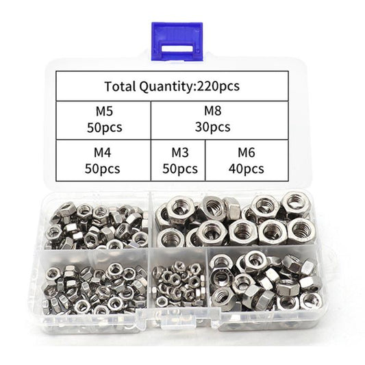304 Stainless Steel Hex Nuts Assortment Kit M2-M10 Metric Hexagon Threaded Nut Set, 220 PCS/Box, 315 PCS/Box