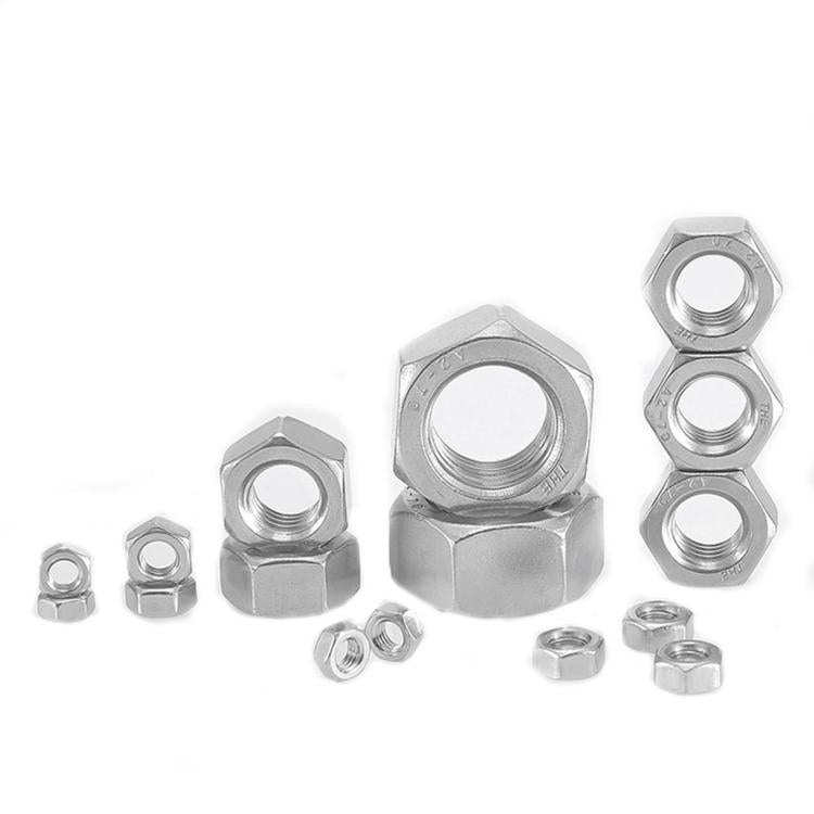 Shiny stainless steel metric hex nuts with internal threads and hex faces