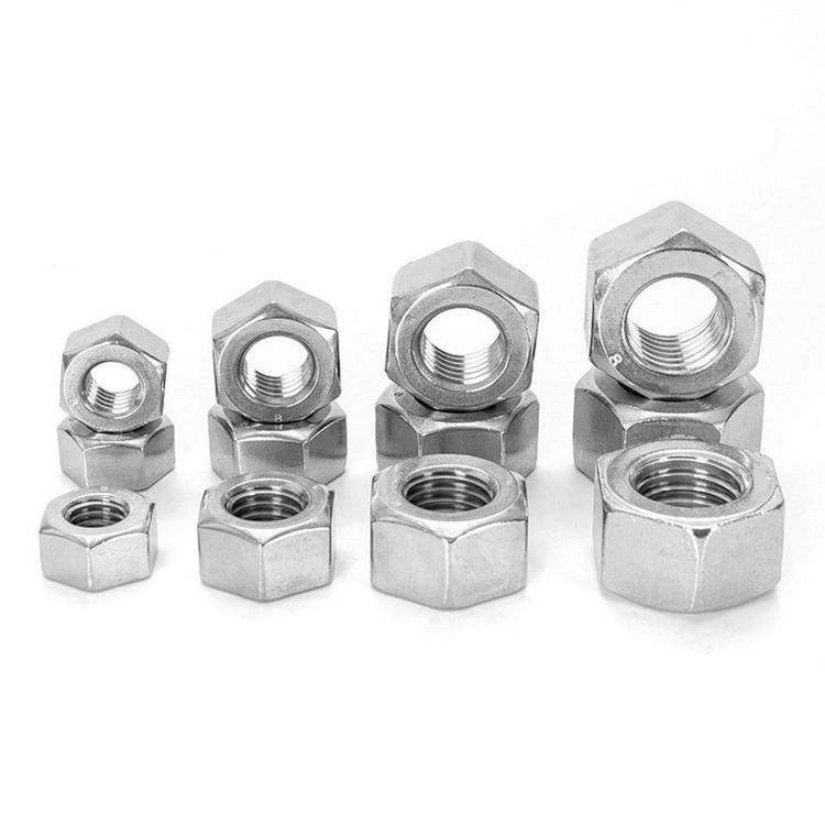 Stainless steel metric hex nuts lined up with threaded center holes