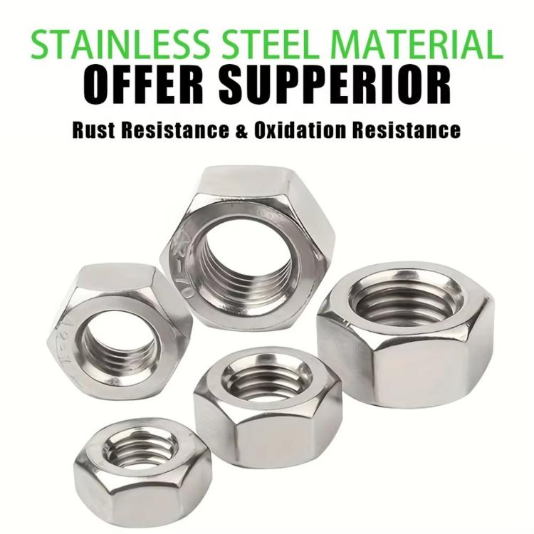 Stainless steel metric hex nuts, polished hex nuts with visible internal threading