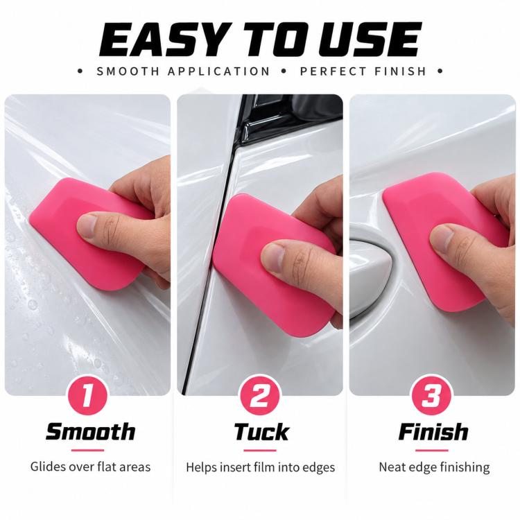 Pink polygonal squeegee in hand smoothing and tucking vinyl film edges