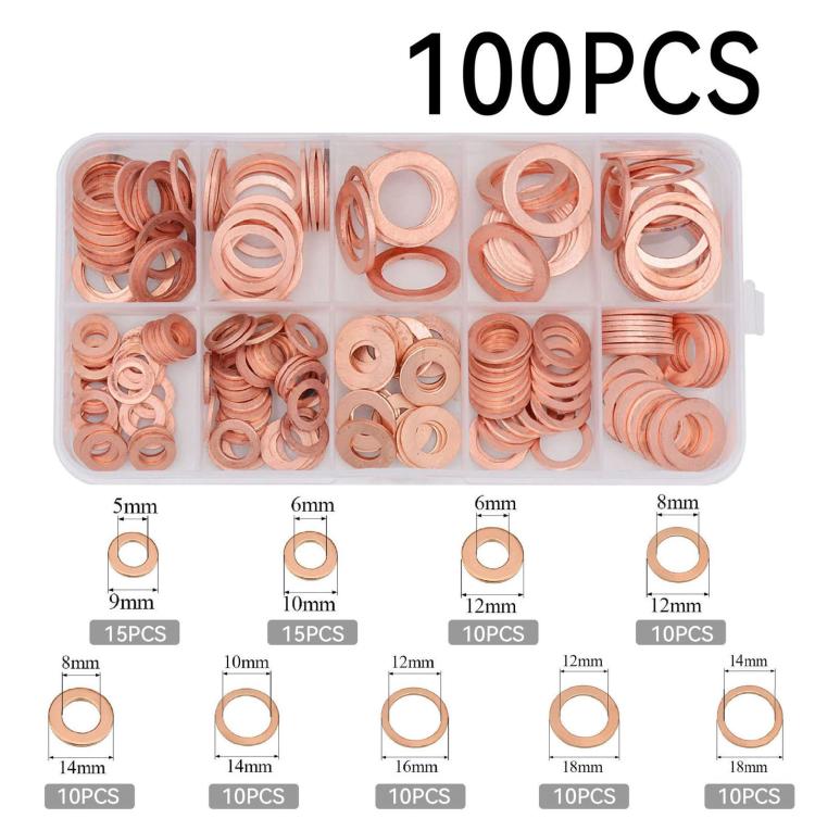 M5-M14 Copper Metric Washer Sealing Set Solid Copper Flat Ring Crush Washer Kit, 50 PCS/Box, 100 PCS/Box