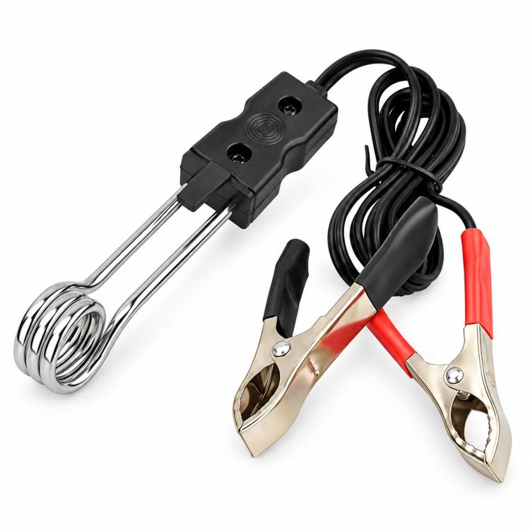 Clip-on vehicle electric immersion heating rod with black power lead and clamp connectors