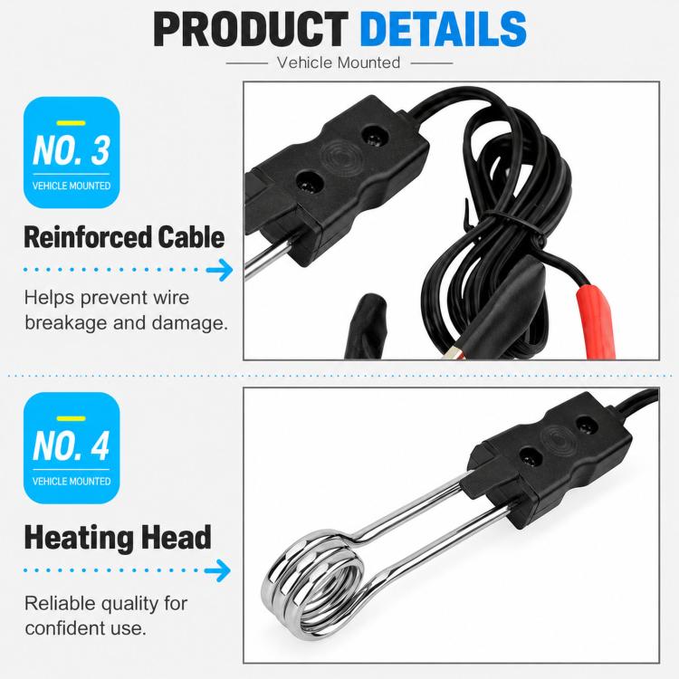 Vehicle immersion heater with reinforced cable and exposed coil heating head