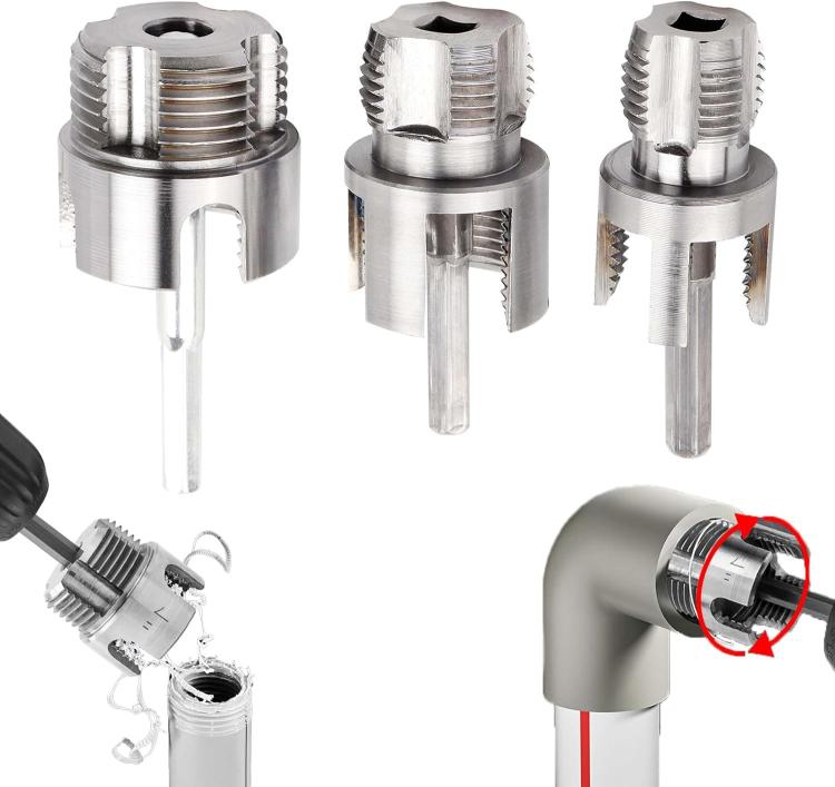 Pipe threader tool set components with thread-cutting heads and drive shank