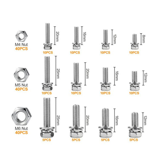 304 Stainless Steel Hex Cross Combination Bolt Nut Kit M4 M5 M6 Phillips Hex Head Screws Set, 200 PCS/Box