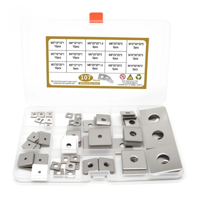 Stainless steel square flat washer kit with multiple sizes, 107-piece box