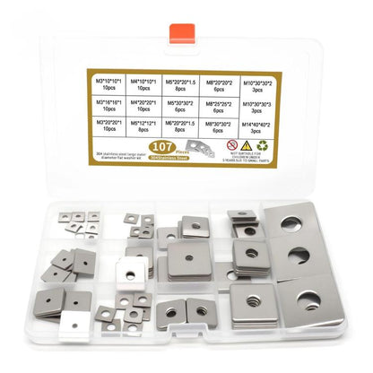Stainless steel square flat washer kit with multiple sizes, 107-piece box