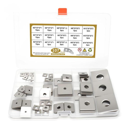 304 Stainless Steel Square Flat Washer Kit M3 M4 M5 M6 M8 M10 M14 Thick Square Plate Washers, 107 PCS/Box