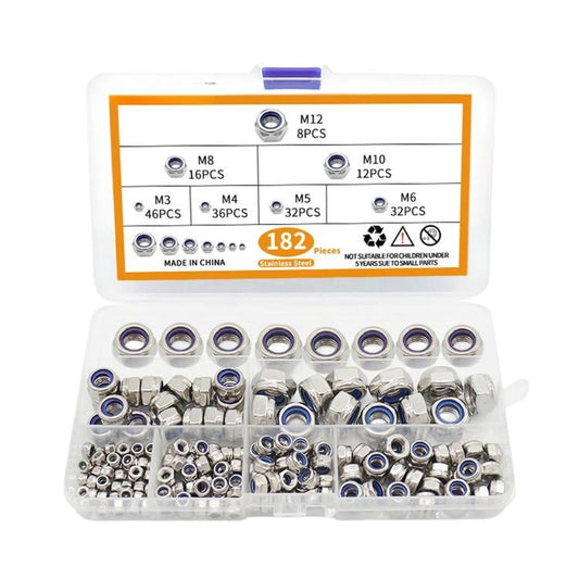 304 Stainless Steel Nylon Insert Lock Nuts Kit, M3 M4 M5 M6 M8 M10 M12 Hex Locknut Set, 182 PCS/Box