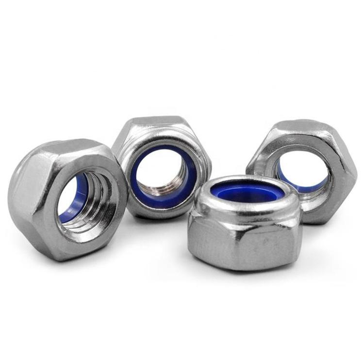 304 stainless steel hex lock nuts with blue nylon inserts, three-piece close-up