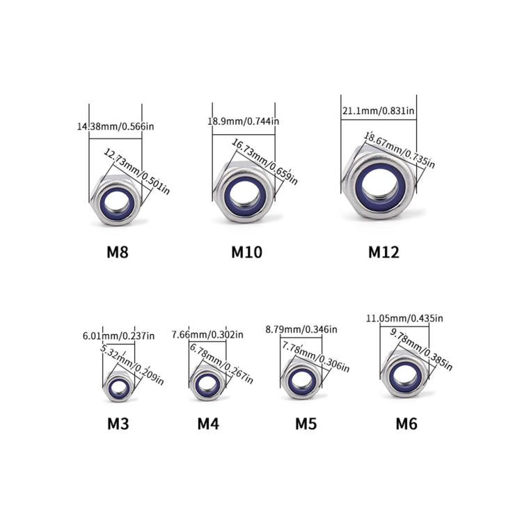 Hex nylon insert lock nuts with size labels M3, M4, M5, M6, M8, M10, M12