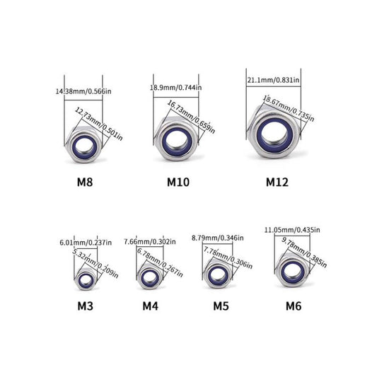 304 Stainless Steel Nylon Insert Lock Nuts Kit, M3 M4 M5 M6 M8 M10 M12 Hex Locknut Set, 182 PCS/Box