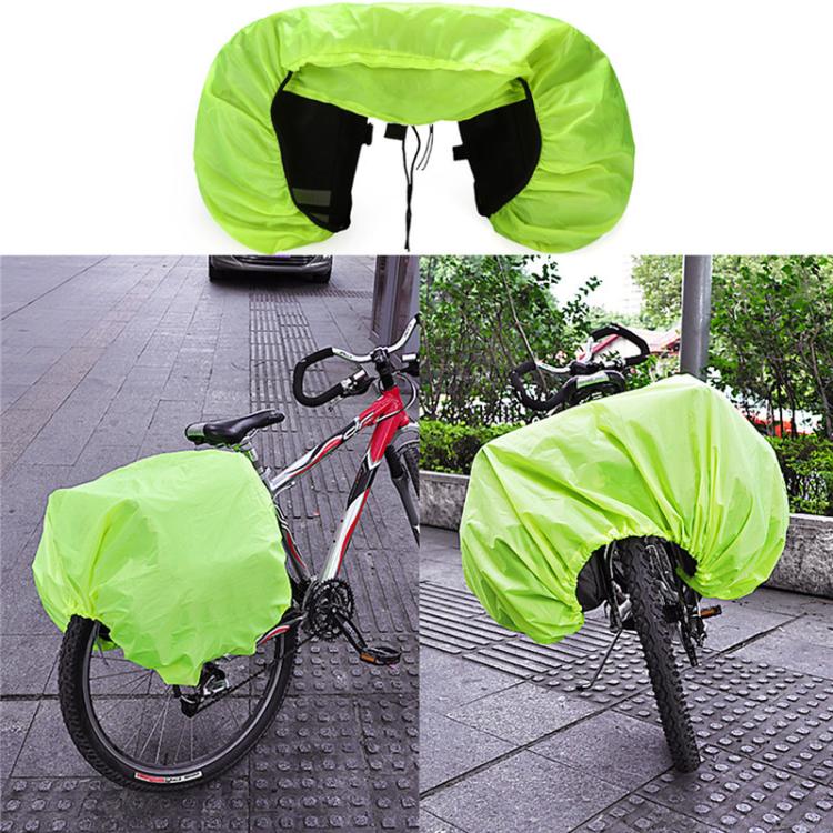 Neon green rear rack rain cover with black trim and drawstring openings