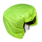 Neon green pannier rain cover with black-edged opening and hanging draw cord
