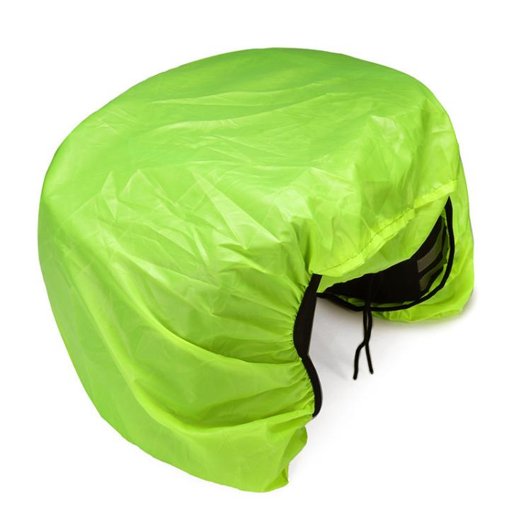 Neon green pannier rain cover with black-edged opening and hanging draw cord