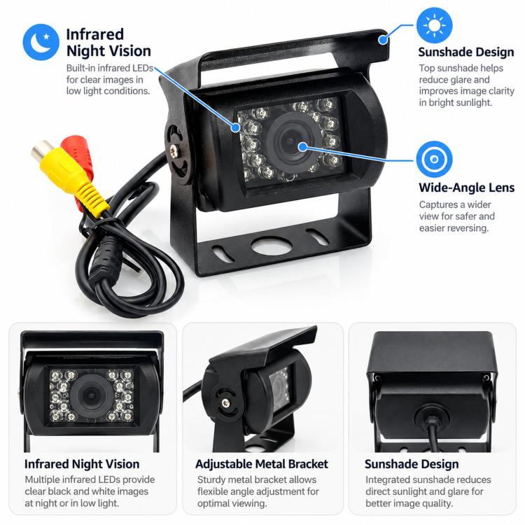 Black infrared night vision reversing camera with adjustable metal bracket and RCA cable
