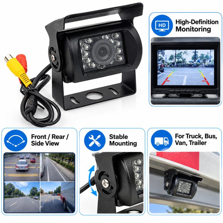 Infrared reversing camera kit with black camera housing, RCA cable, and small monitor