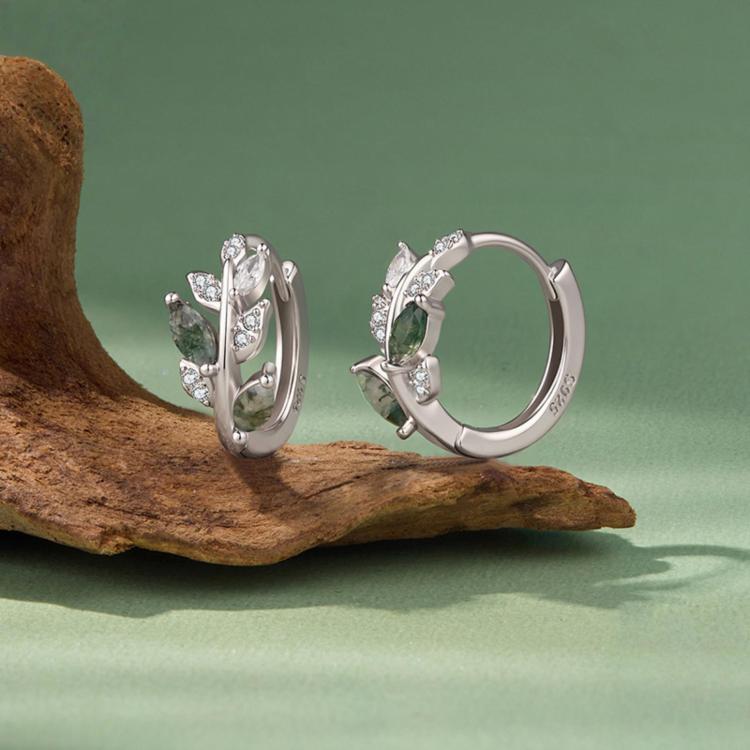 S925 Sterling Silver Natural Agate Leaf Hoop Earrings, BSE1314