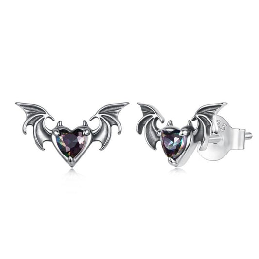 S925 Sterling Silver Oxidized Dark Style Halloween Bat Stud Earrings, SCE2051