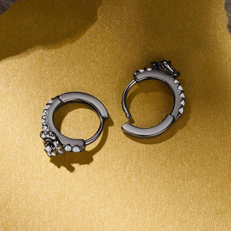 Two black-tone hoop earrings with zircon stone accents along the outer edge