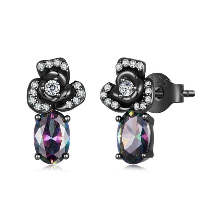 S925 Sterling Silver Gothic Dark Night Rose Zircon Hoop Earrings, SCE2053