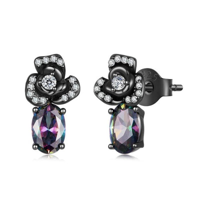 S925 Sterling Silver Gothic Dark Night Rose Zircon Hoop Earrings, SCE2053