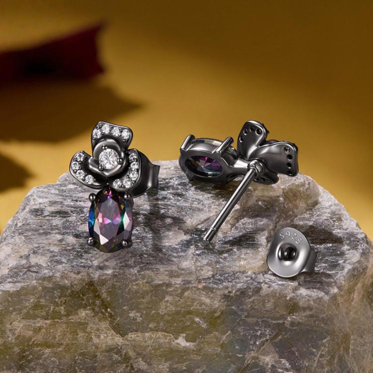 S925 Sterling Silver Gothic Dark Night Rose Zircon Hoop Earrings, SCE2053
