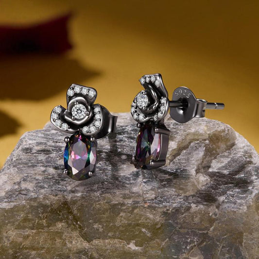 S925 Sterling Silver Gothic Dark Night Rose Zircon Hoop Earrings, SCE2053