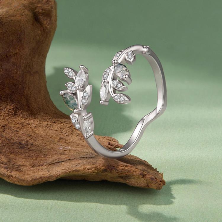 S925 Sterling Silver Natural Agate Leaf Open Ring, BSR776-E