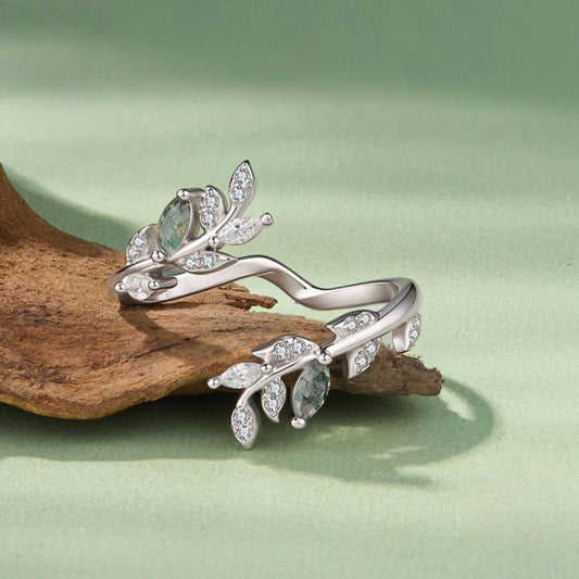 S925 Sterling Silver Natural Agate Leaf Open Ring, BSR776-E