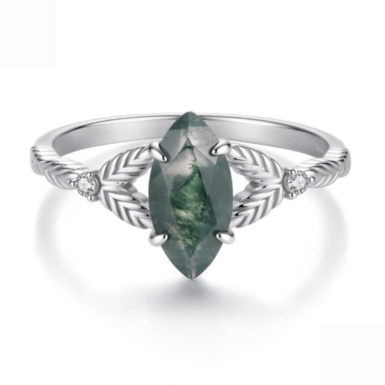 Sterling silver leaf-pattern ring with green marquise agate center and side clear stones