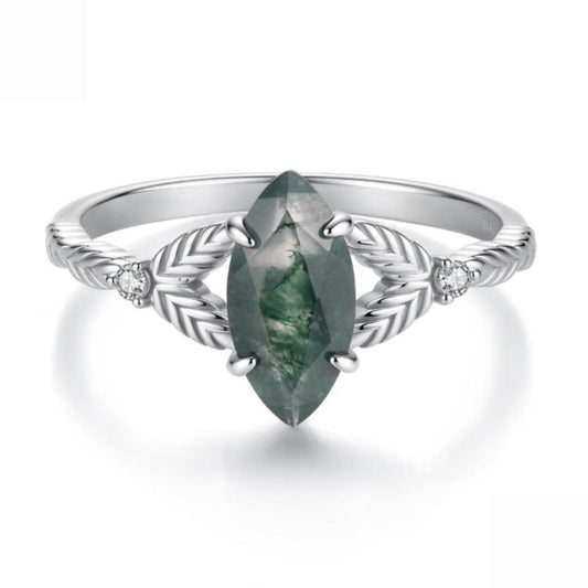 S925 Sterling Silver Natural Green Agate Leaf Ring, BSR777-6, BSR777-7, BSR777-8
