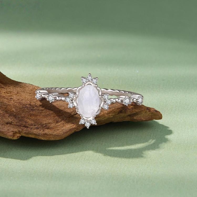 S925 Sterling Silver Natural Moonstone Ring, 6 US Size, 7 US Size, 8 US Size