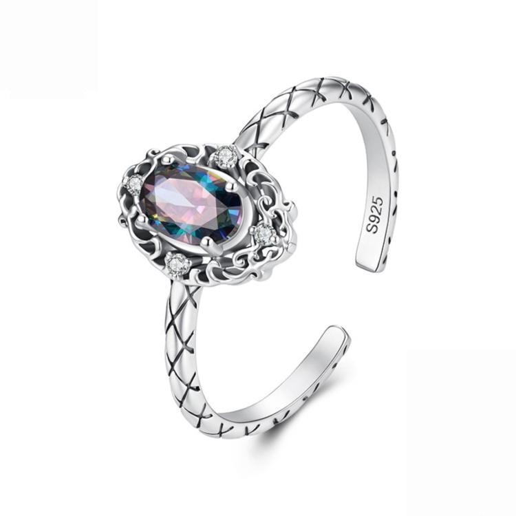 S925 Sterling Silver Adjustable Open Ring with Large Center Stone and Vintage Pattern, SCR1217-E
