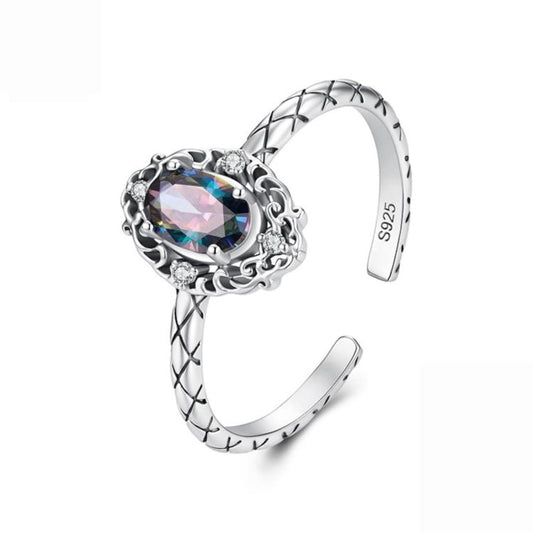 S925 Sterling Silver Adjustable Open Ring with Large Center Stone and Vintage Pattern, SCR1217-E